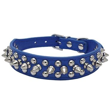 Imagem de Coleira de couro para cachorro design lindo da Avenpets com pontas e parafusos para atividades diárias, azul escuro, G: (Pescoço 40 – 47 cm)