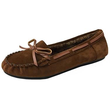 Imagem de Blueberry Pantufas femininas forradas com pele de camurça sintética forradas com mocassim para uso interno e externo, Chestnut, 10