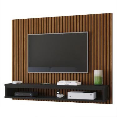 Imagem de Painel Cissa Tv 32 36 39 40 42 46 47 50 Polegadas Prateleira Inferior Nicho Decorativo Suspenso Quarto Sala - Ripado Freijó/Preto - RPM Móveis