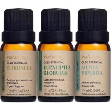 Imagem de Kit 3 Óleos Essenciais Via Aroma 100% Puros Clássicos Naturais Para Difusor, Massagem e Aromaterapia Escolha o seu (Menta Piperita+Eucalipto Globulus+Citronela)