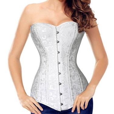 Imagem de Corset Corpete Corselet Redutor Cintura Dorso Longo Barbatana Aço Branco M9