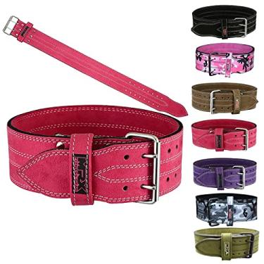 Imagem de Cinto de couro MRX Powerlifting 10 mm de largura e 10 mm de espessura, cintos de musculação com suporte traseiro e fivela de aço com 2 garras rosa (GG)