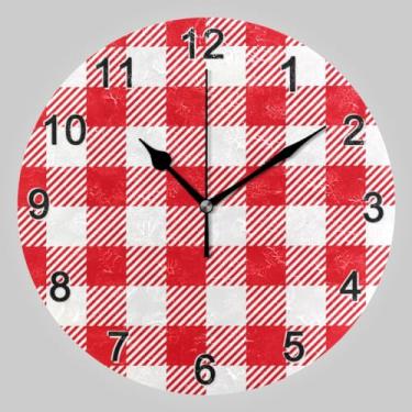 Imagem de CHIFIGNO Relógio circular redondo vermelho branco xadrez, relógios de parede exclusivos operado por bateria Relógios de sala de estar silenciosos decorativos de parede