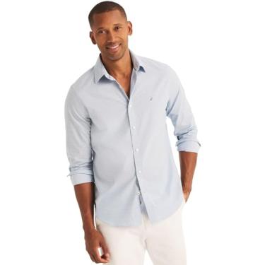 Imagem de Nautica Camisa masculina de manga comprida e botão frontal resistente a rugas, Estampa azul cristal., M