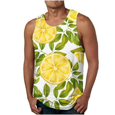Imagem de Coletes masculinos outono verão gola canoa estampa floral pista academia praia havaiana camiseta regata tropical masculina 2024, W-833 Amarelo Mostarda, 3G