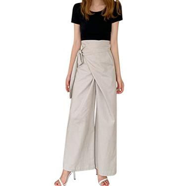 Imagem de Calça feminina reta pequena cintura alta calça de moletom de linho de verão Y2K calça social plissada casual, Bege, GG