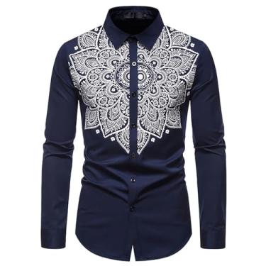 Imagem de Camisa masculina com estampa floral elegante, caimento justo, manga comprida, camisa social casual para festa de casamento, Azul marino, P