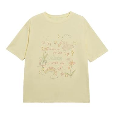 Imagem de Camisetas fofas de manga curta para mulheres adolescentes com desenho animado camisetas juvenis de algodão solto casual camiseta estampada moderna, Bege creme, Tamanho Único
