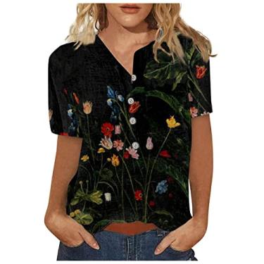 Imagem de Camisetas femininas casuais de verão 2024 de manga curta e gola redonda com estampa de flores, blusas casuais soltas, Ofertas relâmpago preto, GG