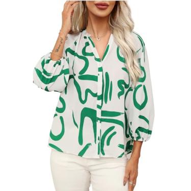 Imagem de Meetrendi Blusa feminina casual elegante manga 3/4 estampa floral camisas de botão 2024 chiffon gola V camisa de trabalho, Branco e verde, M