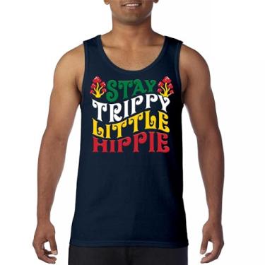 Imagem de Camiseta regata masculina Stay Trippy Little Hippie Puff Print Hippies Vintage Peace Love Happiness Retro 70s Cogumelos, Azul marinho, XXG