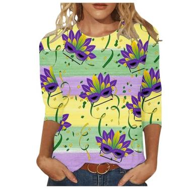 Imagem de Camisetas femininas de Mardi Gras 2024, manga 3/4, casual, estampada, blusas elegantes, folgadas, para o carnaval, A27#amarelo, P