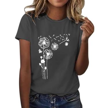 Imagem de Camiseta feminina com estampa de flor de dente-de-leão manga curta gola redonda moderna top leve feminino ombro vazado, Cinza escuro, P