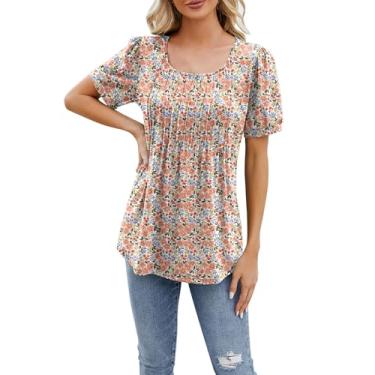 Imagem de Camisetas femininas gola redonda plissada manga curta estampa floral túnica blusa casual verão 2024 na moda, Laranja, P