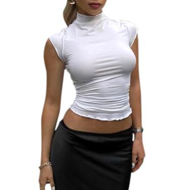 Imagem de sedmoda Camisetas femininas sexy cropped manga curta gola redonda patchwork slim fit verão tops cropped, Branco, M