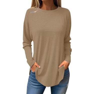 Imagem de Blusas femininas elegantes casuais de outono camisetas de manga comprida básicas túnicas de cor sólida moletons com gola redonda, Caqui, GG