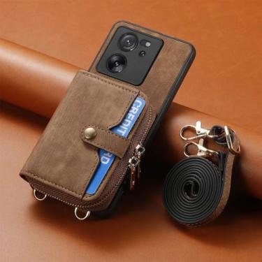 Imagem de Bolsa de cartões com zíper crossbody Capa carteira de couro para Xiaomi Note 13 12 Pro 11 lite POCO X5 X4 13T Capa de corda de cordão longo, marrom, para POCO X4 Pro 5G