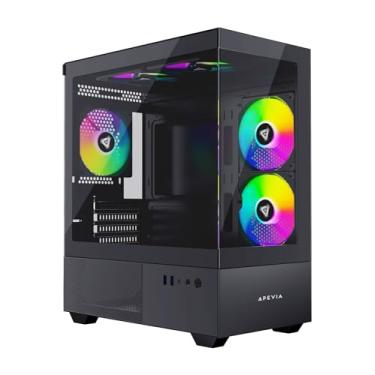 Imagem de Apevia Phantom-BK Phantom Micro-ATX Capa de PC para jogos de câmara dupla com ventoinhas ARGB de 5 x 120 mm, 366 modos RGB, painéis duplos de vidro temperado, suporte de radiador de 240 mm, 2 portas