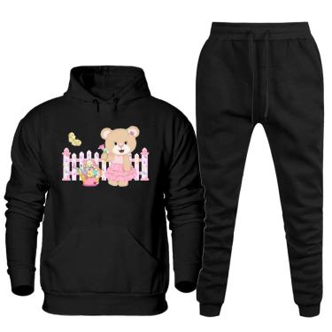 Imagem de Conjunto Abrigo Moletom Canguru Com Capuz Feminino Plus Size Estampa Ursinho Calça Confortavel