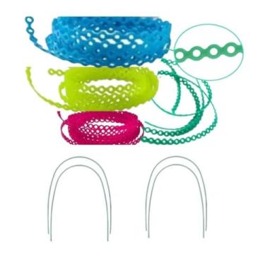 Imagem de Corrente Elástica Borracha de Aparelho Ortodôntico Colorido 05 Pares Trançada + 04 Fios Niti Prata Original