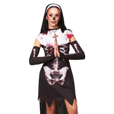 Imagem de Fantasia Halloween Freira Noviça do Mal Vestido Véu e Luvas