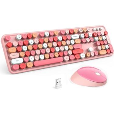 Imagem de LETTON Teclado e Mouse Sem Fio Rosa, Teclado e Mouse Kootop Cute Pink, Teclado Sem Fio 2.4G Rosa com Tecla Redonda Retrô para Pc, Mac, Laptop, Tablet, Windows de Computador (Rosa)