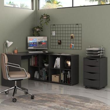 Imagem de Kit 2 Peças com Escrivaninha em L 8 Nichos e Gaveteiro Bit Organizador 4 Gavetas com Chave Preto
