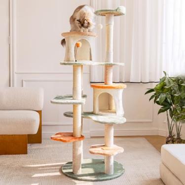 Imagem de HYABi Árvore de gato de 160 cm para gatos grandes, torre de flores de vários níveis com condomínio, postes para arranhar sisal e bolas de brinquedo, casinha de brinquedo interna resistente e segura