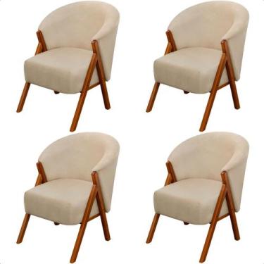 Imagem de Kit 4 Poltrona Sala Yumi Veludo Gelo Pés Madeira Maciça Castanho - ARK