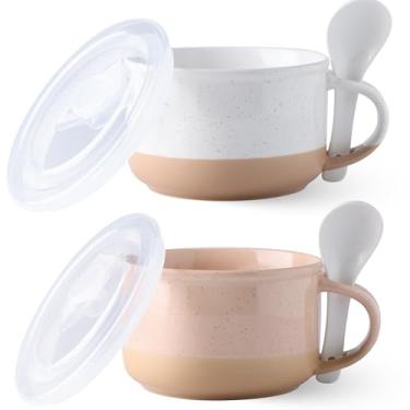 Imagem de GBHOME Canecas de sopa de cerâmica com alças e tampas, conjunto de 2 copos de sopa de 680 g com terracota na parte inferior, tigelas de caneca com colher para