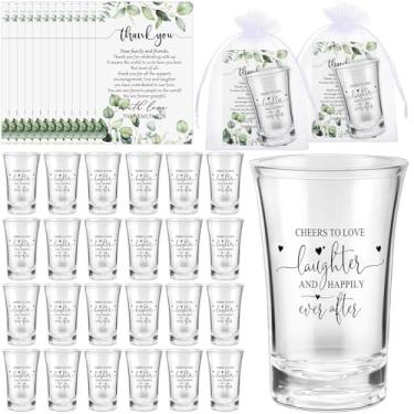 Imagem de Uiifan 50 conjuntos de lembrancinhas de casamento para convidados, copos de shot de acrílico de plástico transparente com cartões de agradecimento e bolsas de organza para convidados recém-casados