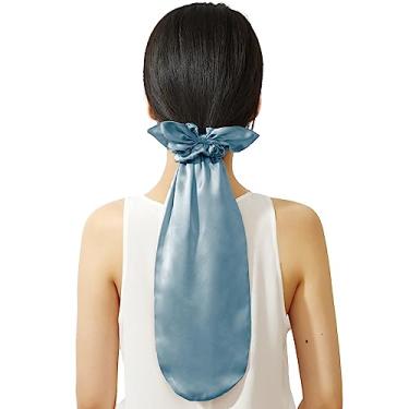 Imagem de LILYSILK Touca 100% seda para dormir e uso diário, laços de cabelo de seda 2 em 1 com elásticos de seda para cabelos longos e encaracolados, elástico ajustável para mulheres, senhoras e meninas, azul