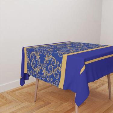 Imagem de Toalha De Mesa Quadrada 4 Lugares Tecido Oxford Arabesco Azul Linhas D