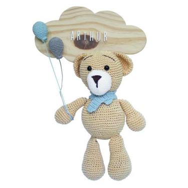 Imagem de Porta Maternidade Nuvem Ursinho de Cachecol Azul com Bexigas Quarto Be