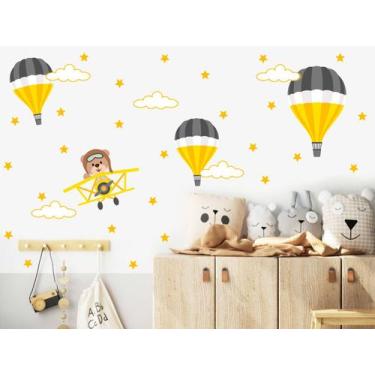 Imagem de adesivo de parede urso aviador amarelo escuro e balões - Senhorita Dec