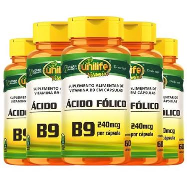 Imagem de Kit C/5 Ácido Fólico Vitamina B9 240mcg 60 Cápsulas Unilife