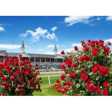 Imagem de LYRYGS Pano de fundo para cabine fotográfica Kentucky Derby, rosa, cavalo de corrida, Churchill Downs, decoração de festa, banner, decoração de parede interna e externa cp-509