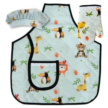 Imagem de Kit Avental Infantil com Touca e Luva Menino 3 Pçs Safari - Recanto da