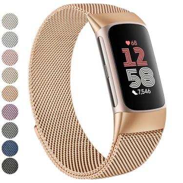 Imagem de Vanjua Pulseira de substituição magnética ajustável para Fitbit Charge 6/Charge 5, aço inoxidável, ouro rosa, 135 mm a 215 mm