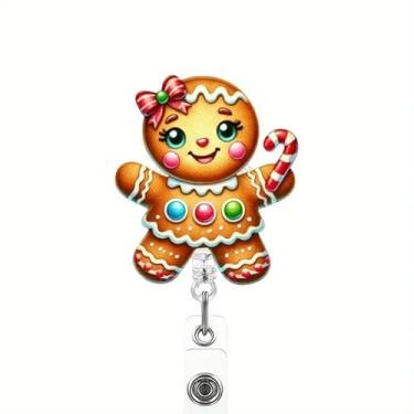 Imagem de Gingerbread Carretel de crachá feminino de Natal fofo arco de doces retrátil, carretel de crachá de enfermeira de acrílico fofo clipe de crachá de Natal para mulheres, enfermeiras, médicas,