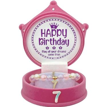 Imagem de ZomefinKiu Pulseira rosa para meninas, 7º aniversário, 7 anos, caixa de coroa de 7º aniversário, roupa de 7º aniversário para meninas, joia de 7º aniversário, pulseira com pingente de feliz