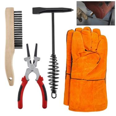 Imagem de 5 peças de escova de arame para arranhar 24 cm, ferramenta de remoção de escória com alça de mola de bobina de aço, luvas de soldagem, martelos de soldagem de 300 g, conjuntos de ferramentas de