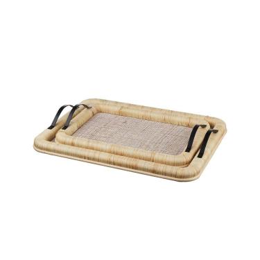 Imagem de Conjunto 2 Bandejas Decorativas em Fibra Natural Rattan e Alça de Metal NP0051 BTC