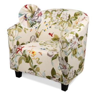 Imagem de Treaful Capa para cadeira de clube, 1 capa elástica bege/verde com braços, capa de poltrona redonda macia e removível para sofá, protetor de móveis para bar, sala de estar, quarto, balcão de hotel