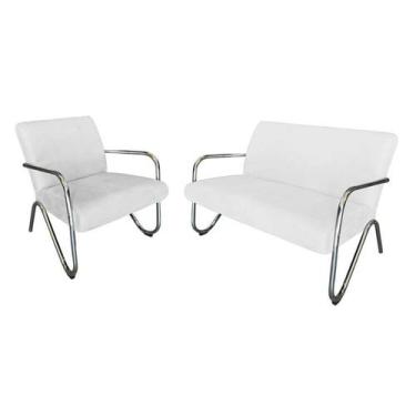 Imagem de Kit Namoradeira +  Poltrona Decorativa Bela Couro Branco Braço Cromado