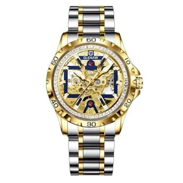 Imagem de GLENAW Relógios automáticos para homens - anel de strass, mostrador aberto, relógio mecânico esqueleto, relógio masculino à prova d'água pulseira de aço inoxidável, 8956 - azul dourado