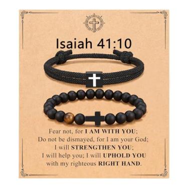 Imagem de FIRAZIO 2 peças de presentes cristãos de Páscoa para homens, pulseiras de cruz com recheios de cesta de Páscoa para homens, presentes cristãos de confirmação de aniversário, pulseiras inspiradoras de