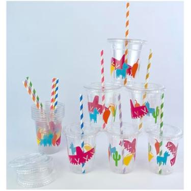 Imagem de Copos de festa Fiesta – Conjunto de 12 com tampas, canudos de papel, chá de bebê de aniversário