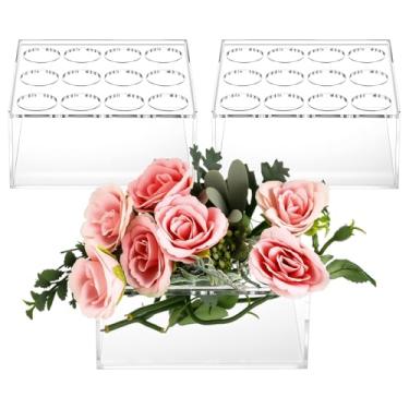 Imagem de Tanlade 3 peças de vaso de flores quadrado de acrílico para mesa de jantar, caixa de flores de acrílico moderna, decorativa, 12 furos, vasos baixos florais transparentes para decoração de casa,