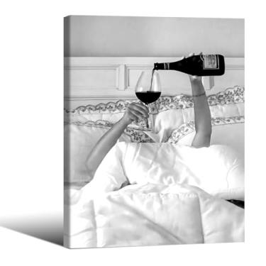 Imagem de Pôster feminino preto e branco vintage vinho álcool arte de parede 30,5 x 40,6 cm emoldurado moderno carrinho de bar impressões em tela estética para quarto dormitório decoração de parede